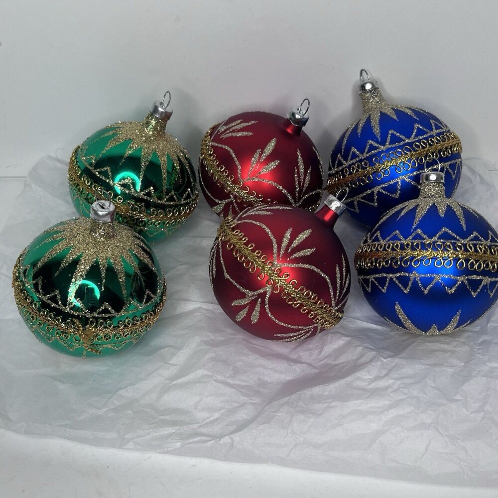 Vintage European Stenciled Gold Trim Glitter Christmas Ornaments LOT Of 6